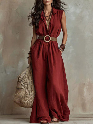 Full Size Sleeveless Wide Leg Jumpsuit Plus Size in Red