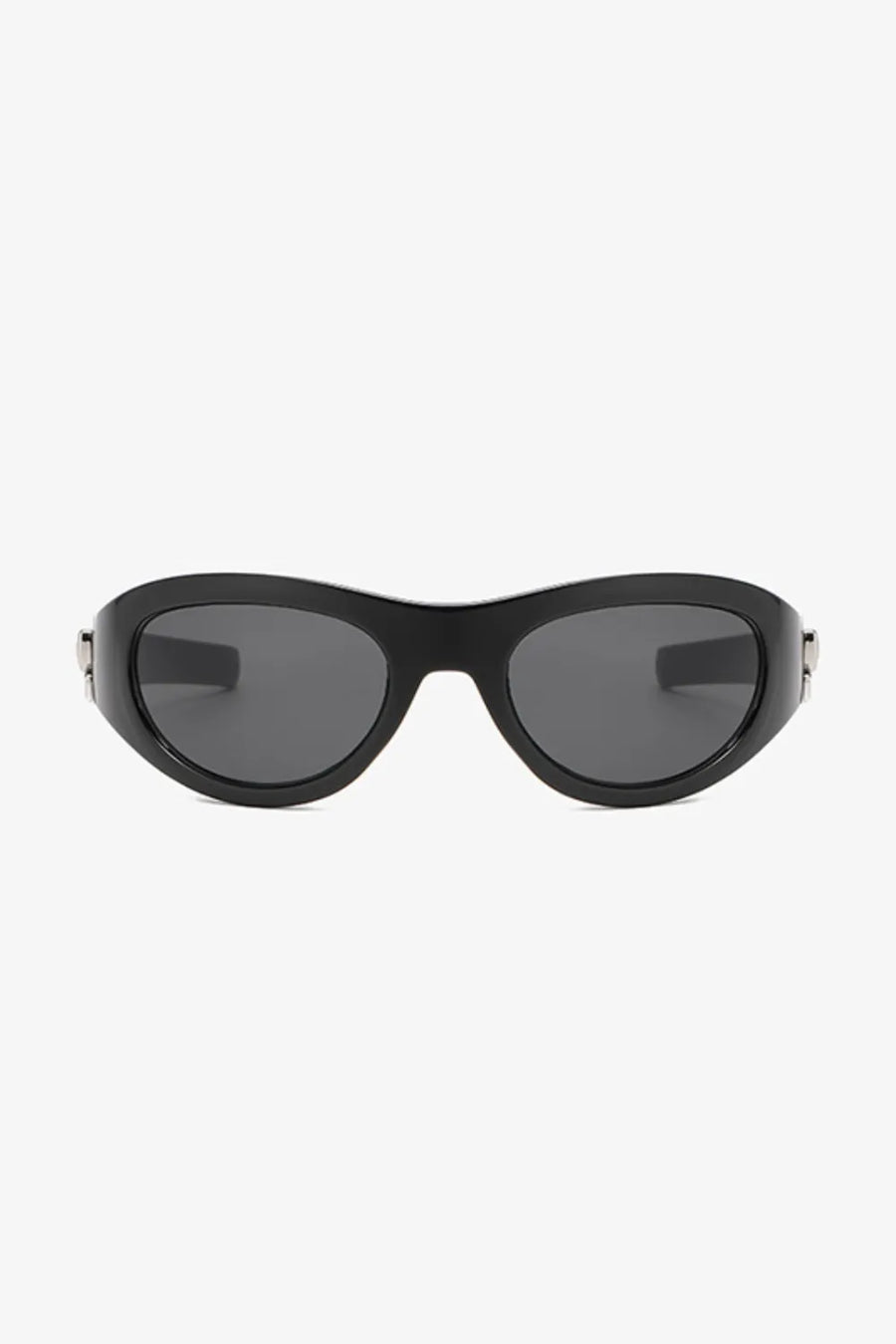 Black sporty shield sunglasses with a bow accent and dark lenses.