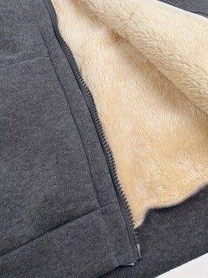 Gray zip-up hoodie with plush sherpa lining detail
