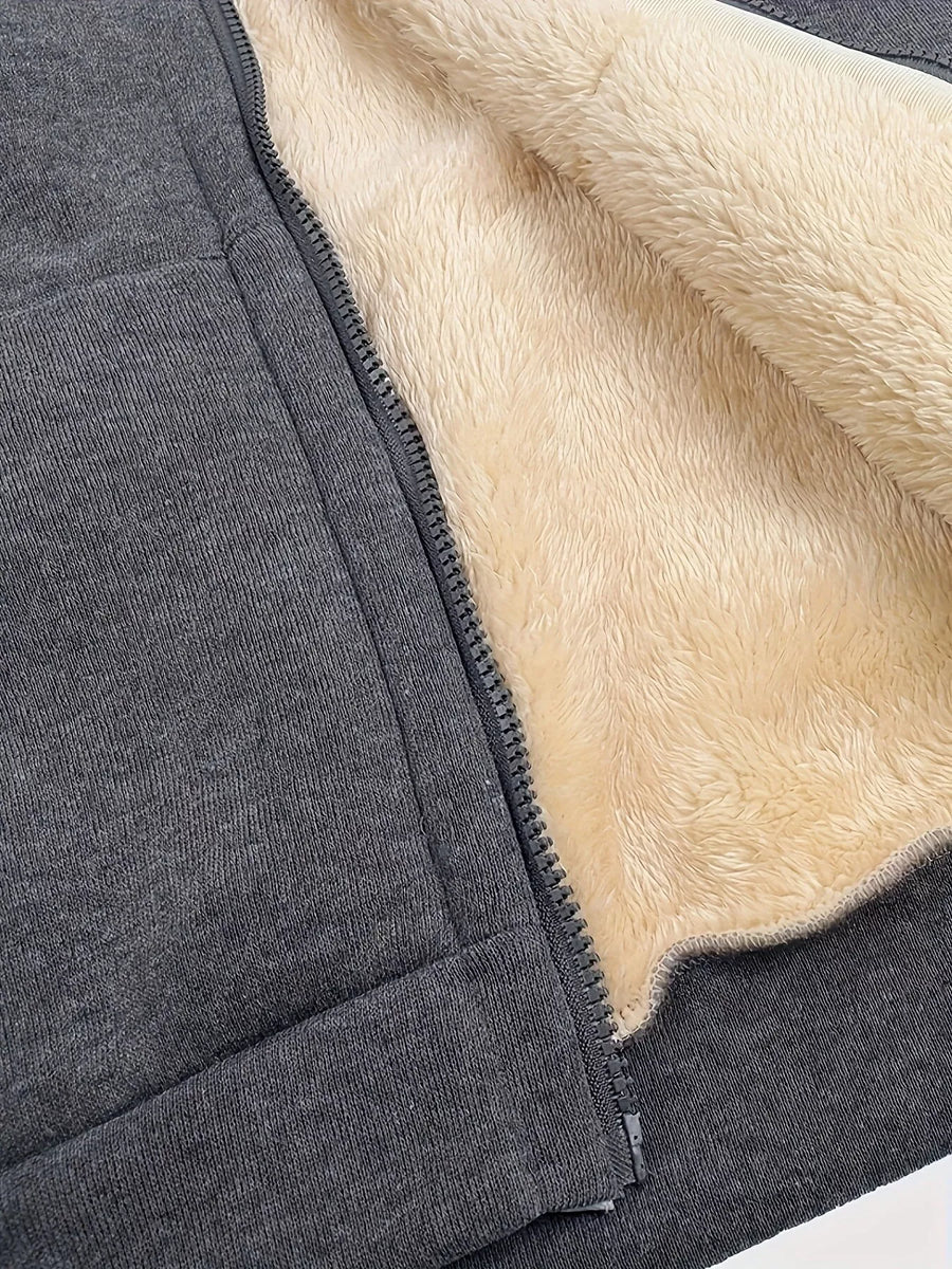 Gray zip-up hoodie with plush sherpa lining detail