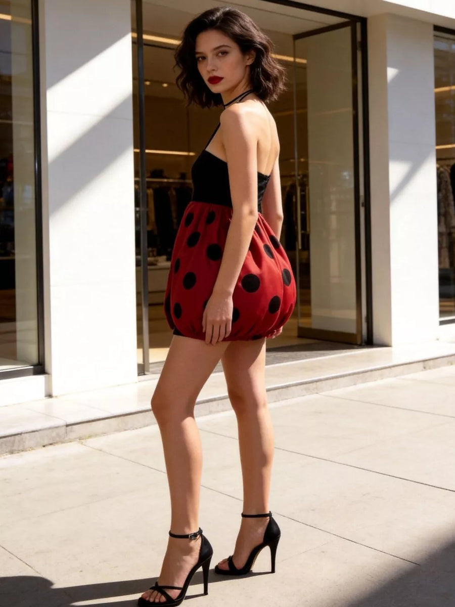 scarlet red mini dress with pullover and polka dot