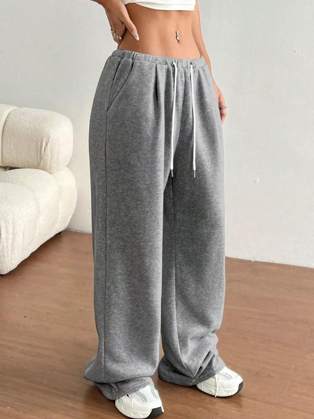 Gray wide-leg maternity joggers with drawstring and pockets