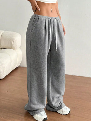 Gray wide-leg maternity joggers with drawstring and pockets