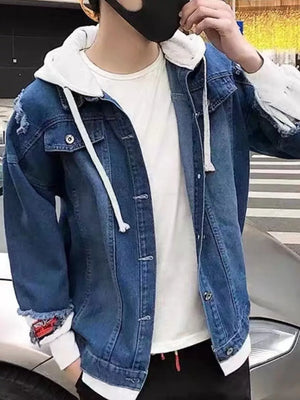 Men's Distressed Patchwork Hooded Denim Jacket in Light