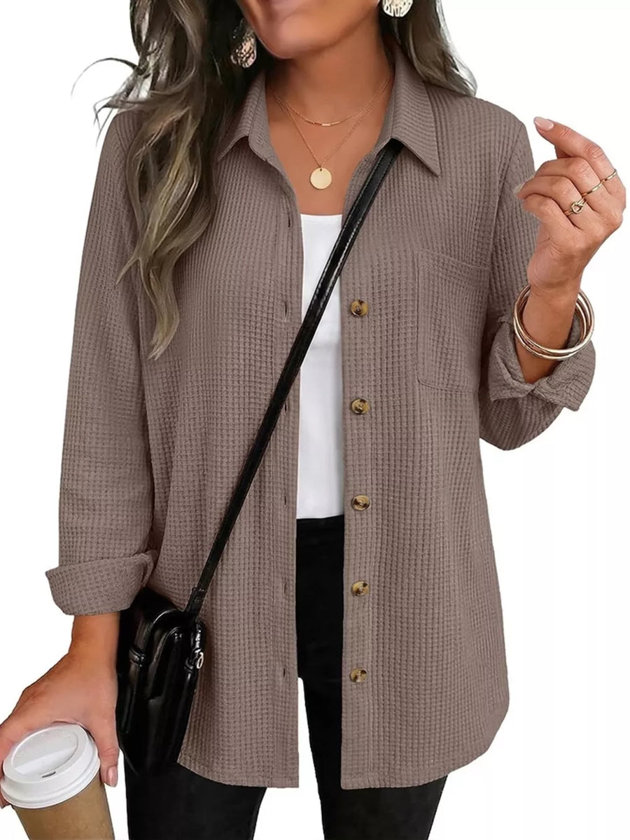 button-down shirt in taupe featuring waffle-knit and relaxed fit