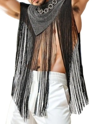 Black fringe overlay top with embellished chain collar detail.