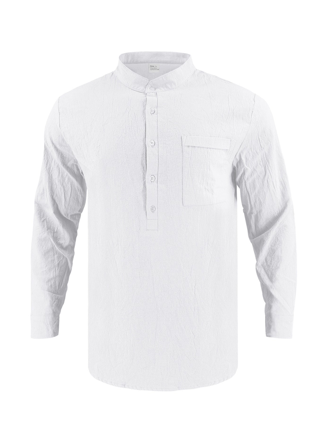 White cotton band collar button-down shirt with chest pocket