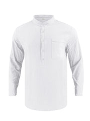 White cotton band collar button-down shirt with chest pocket