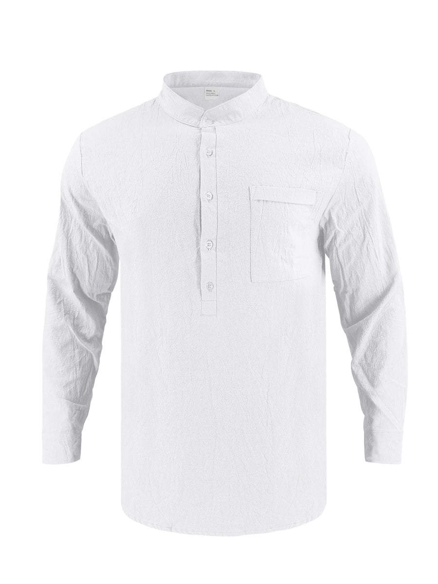 White cotton band collar button-down shirt with chest pocket
