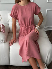Casual Drawstring Waist Midi Dress in Dark Brown