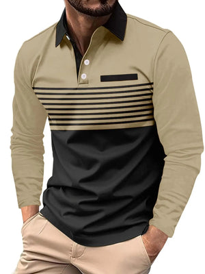 Long sleeve polo shirt in khaki and black with horizontal stripes and chest pocket