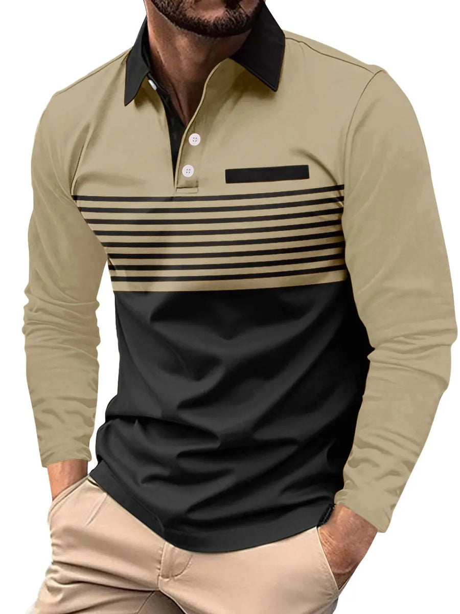 Long sleeve polo shirt in khaki and black with horizontal stripes and chest pocket