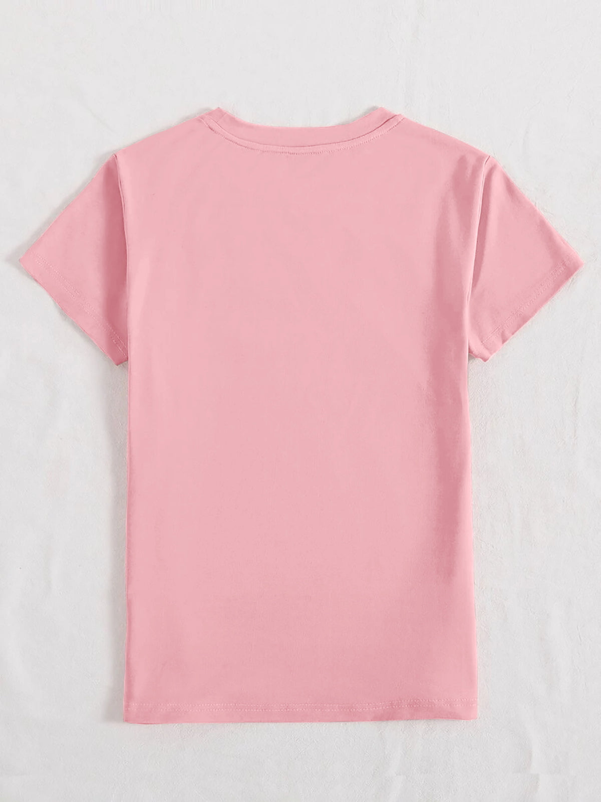 Blush pink t-shirt with a crew neck and short sleeves, plain back.