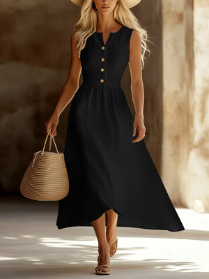 Black button front flowy midi dress with V-neck and a-line skirt.
