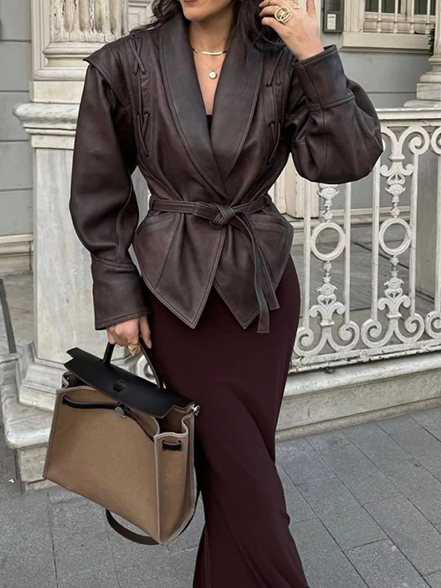 Dark Brown Belted Leather Jacket With Shawl Collar