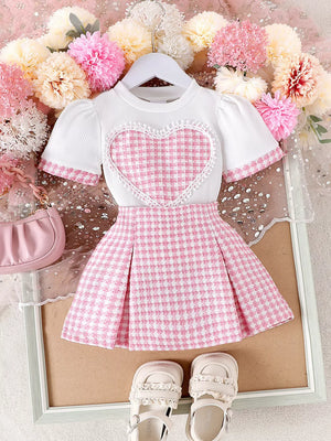 Children's Heart Short Sleeve Top And Skirt Set in Pink