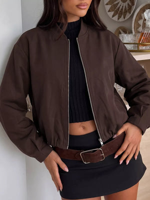 Coffee Brown Zip Up Dropped Shoulder Jacket