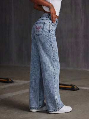 Dusty Blue wide-leg jeans with full-length and button-front