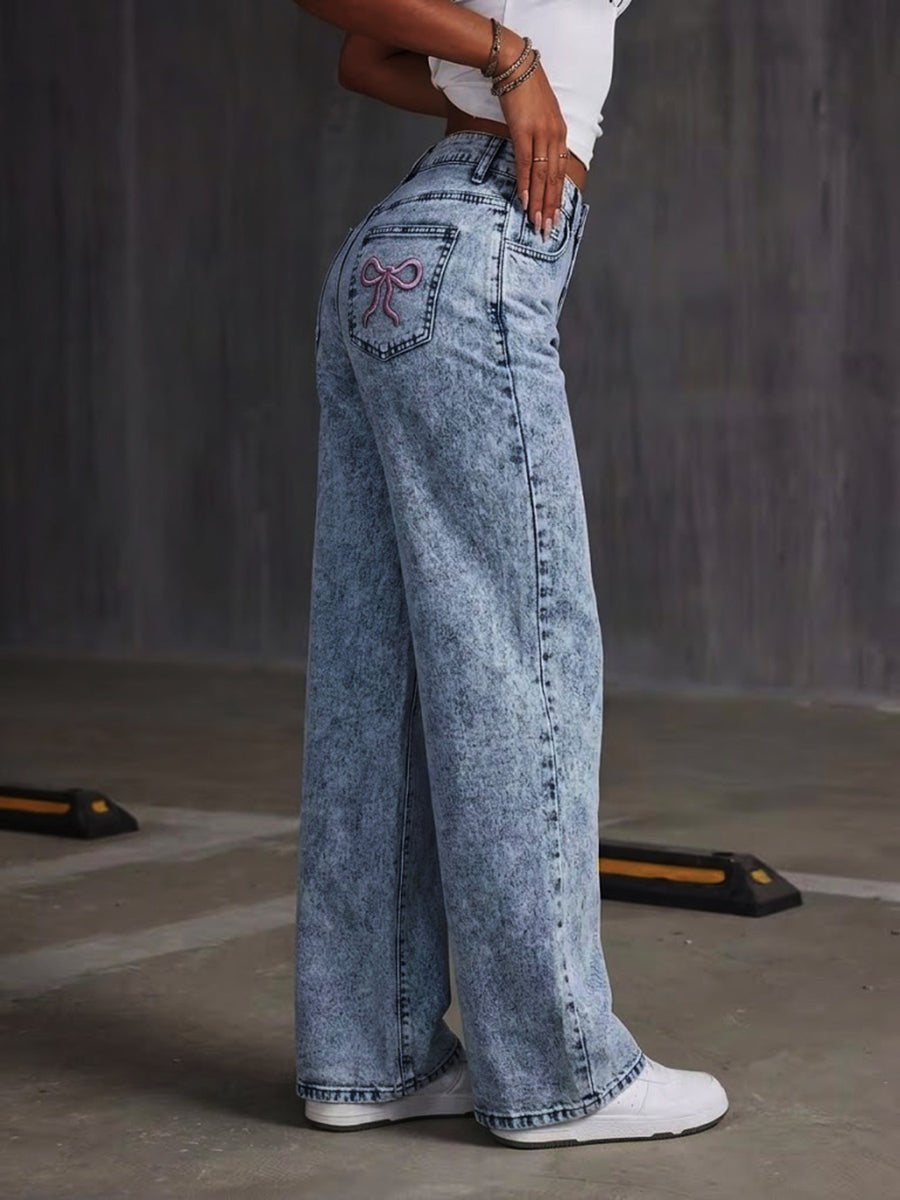 Dusty Blue wide-leg jeans with full-length and button-front