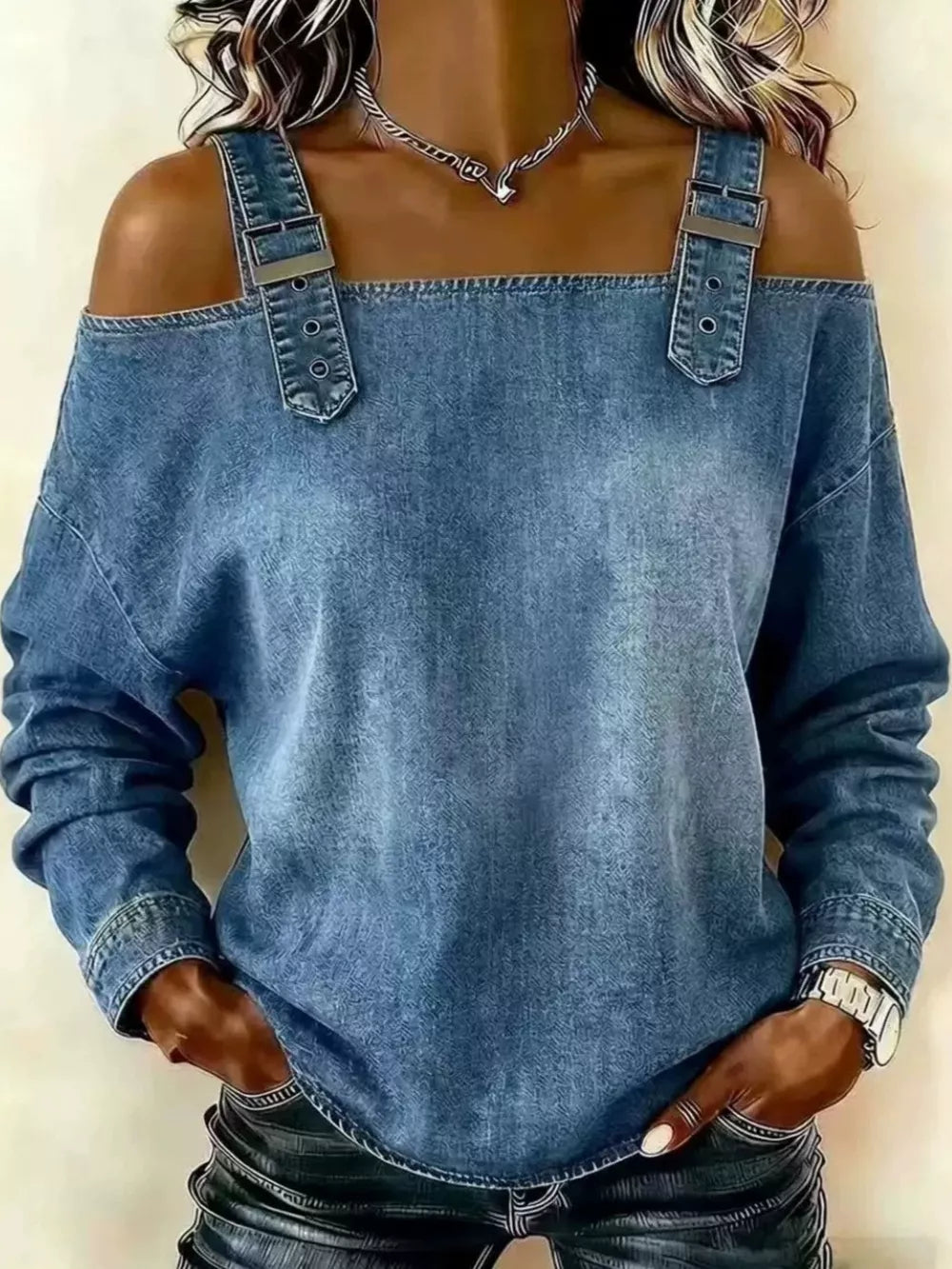 light blue blouse with hip-length and pullover