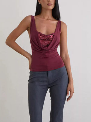 Burgundy sequin ruched cowl neck tank top with a draped neckline.