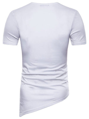 White cotton t-shirt with short sleeves and an asymmetric hem detail.
