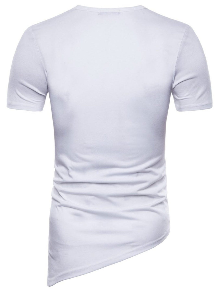 White cotton t-shirt with short sleeves and an asymmetric hem detail.