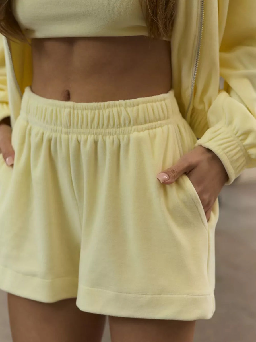 Zip Up Cropped Hoodie And Shorts Set in Pink