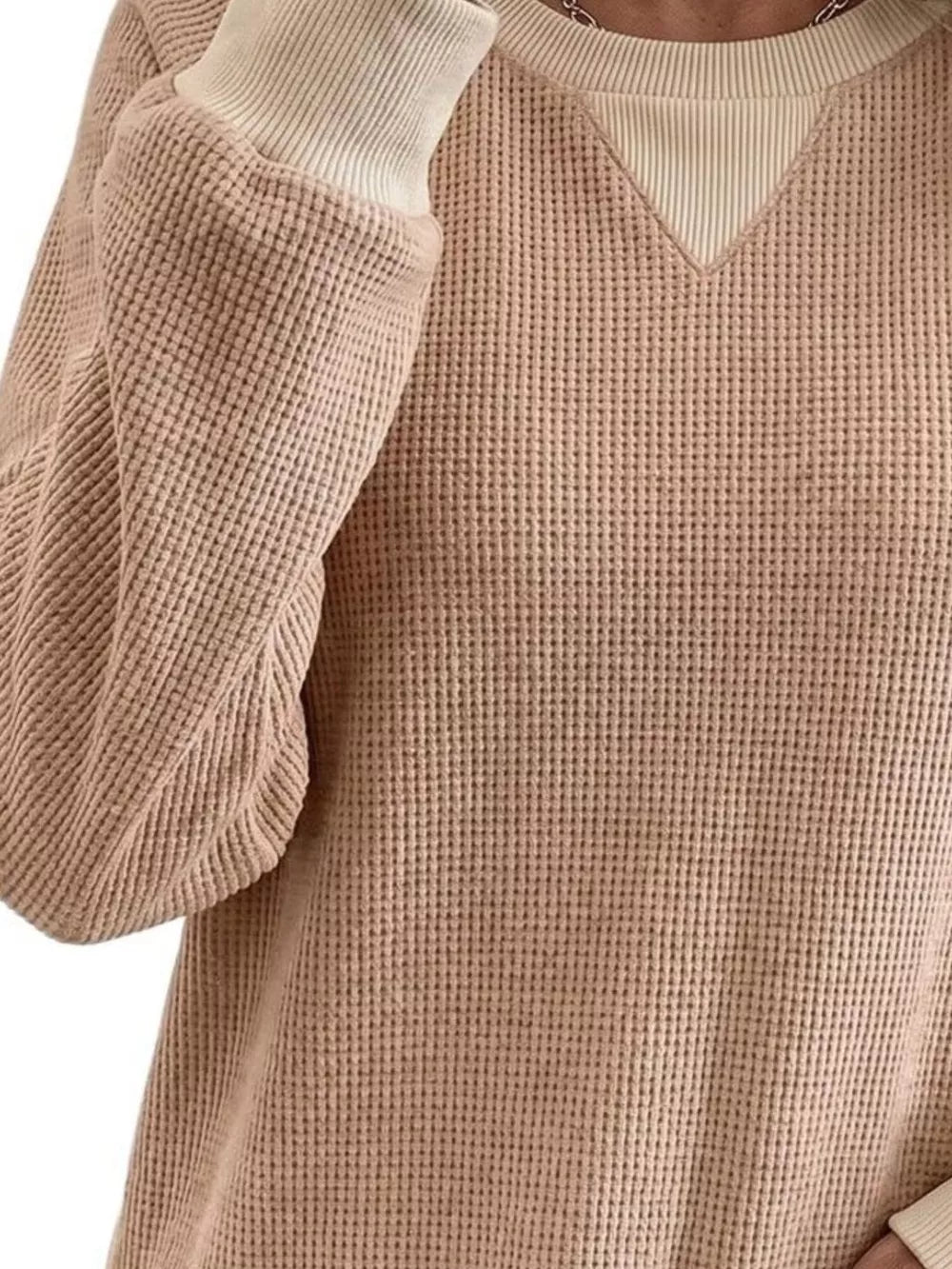 Waffle Knit Crew Neck Sweatshirt in Black with waffle knit
