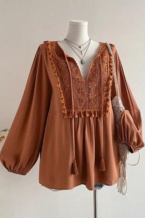 Caramel with Plus Size V Neck Embroidered Tassel Blouse