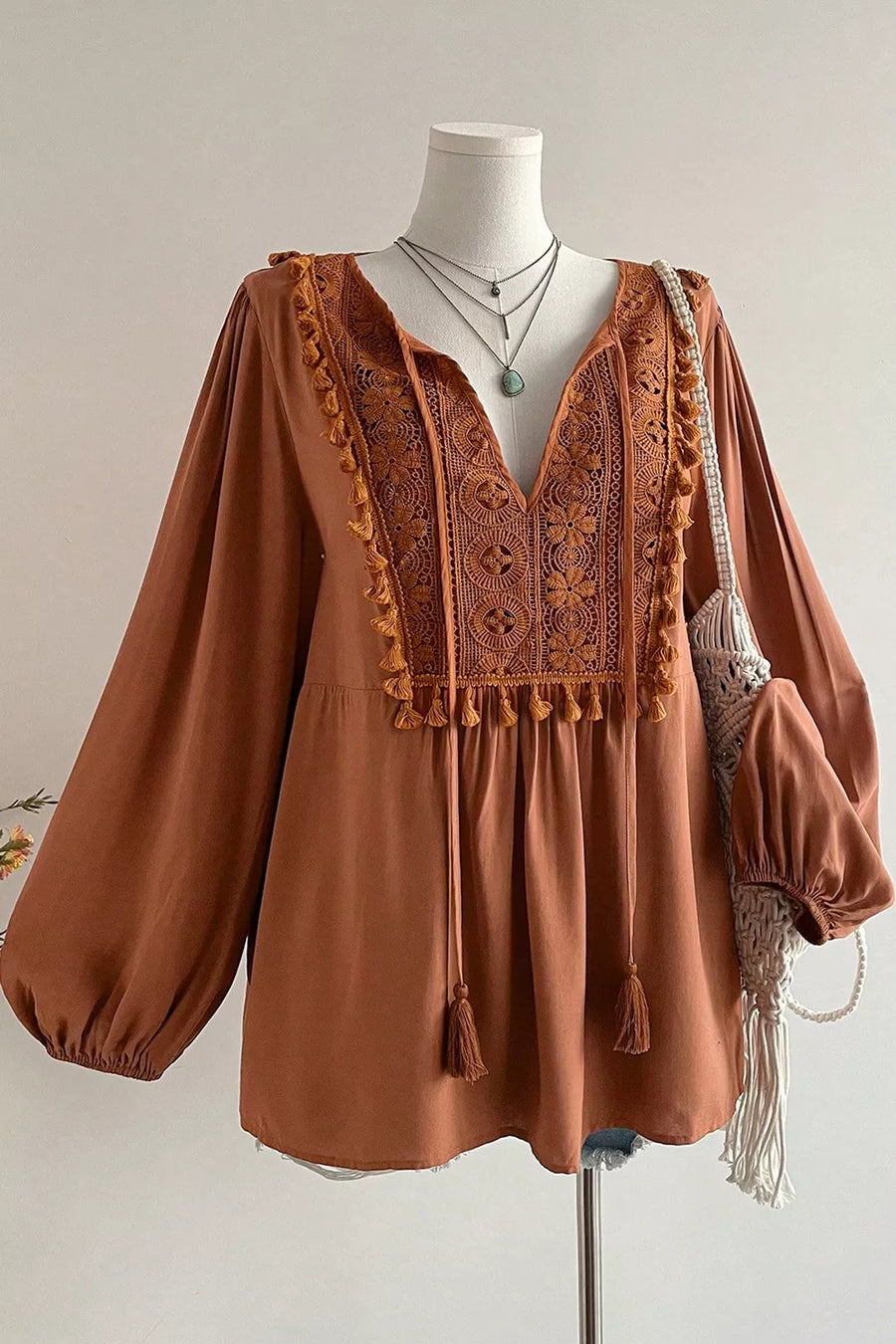 Caramel with Plus Size V Neck Embroidered Tassel Blouse