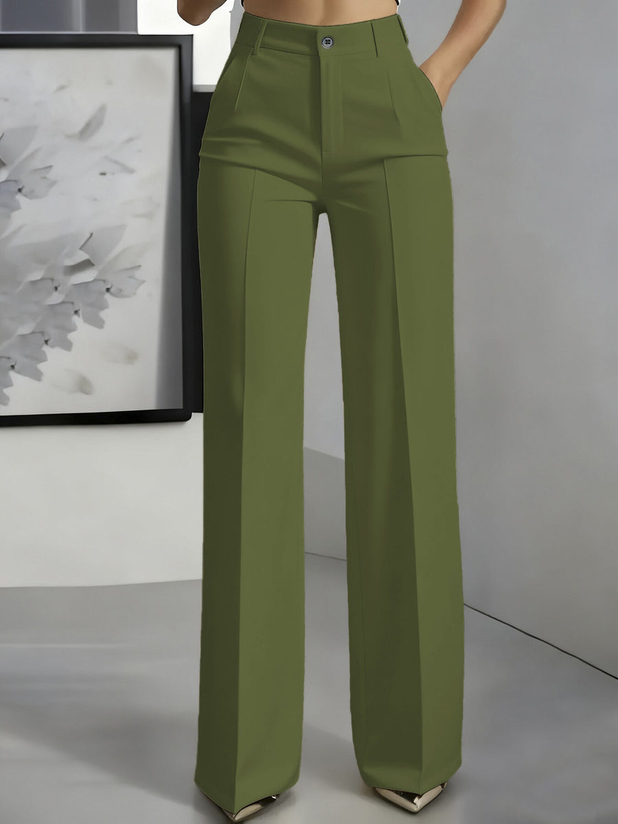 Olive Green wide-leg pants with full-length and button-front