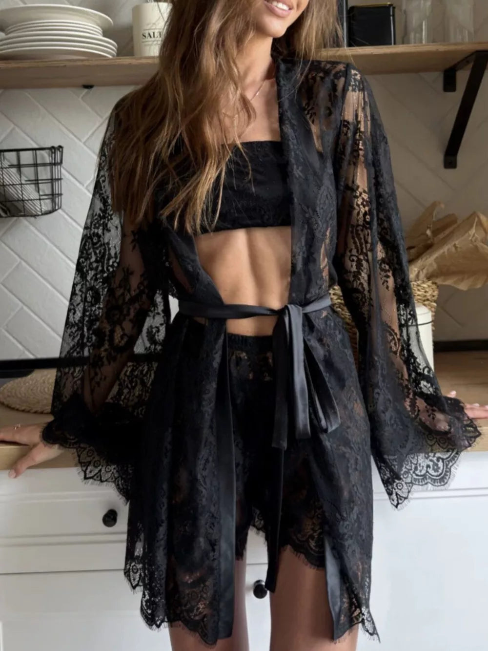 black lounge set with floral and strapless
