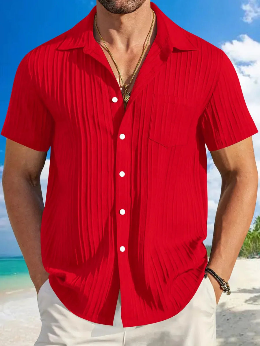 Textured resort shirt in Deep Red with a button-up front and chest pocket.