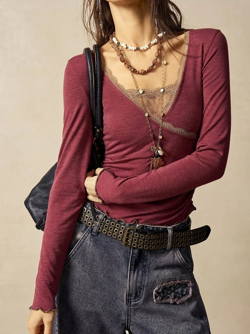 Lace Detail Long Sleeve T-shirt in black with lace trim