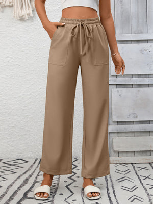 Khaki drawstring wide-leg pants with elastic waist and side pockets