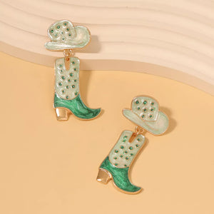 Western Charm dangle earrings in green with cowboy hat and boot charms.