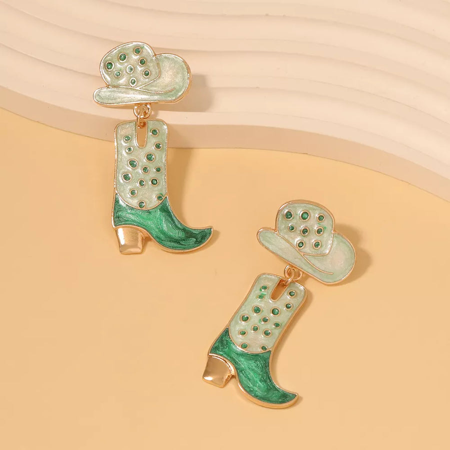 Western Charm dangle earrings in green with cowboy hat and boot charms.