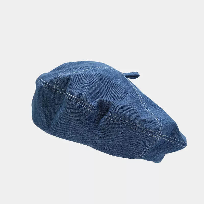 Vintage Style Denim Beret Hat in Dark Blue with visible stitching
