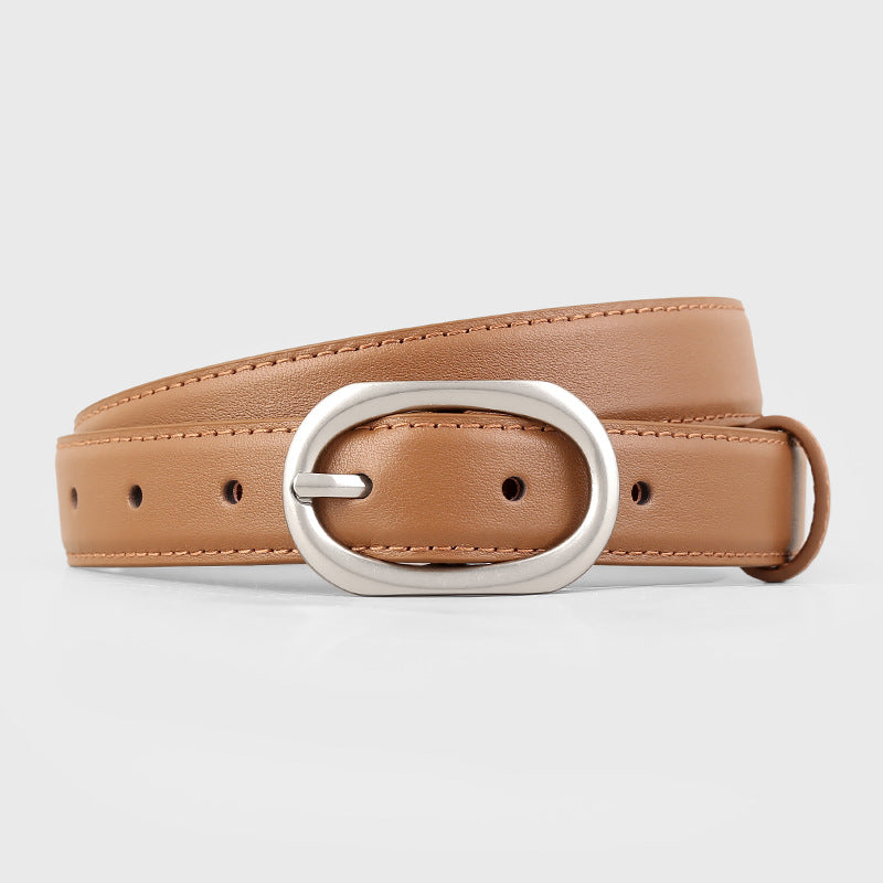 Brown leather belt with brushed silver oval buckle