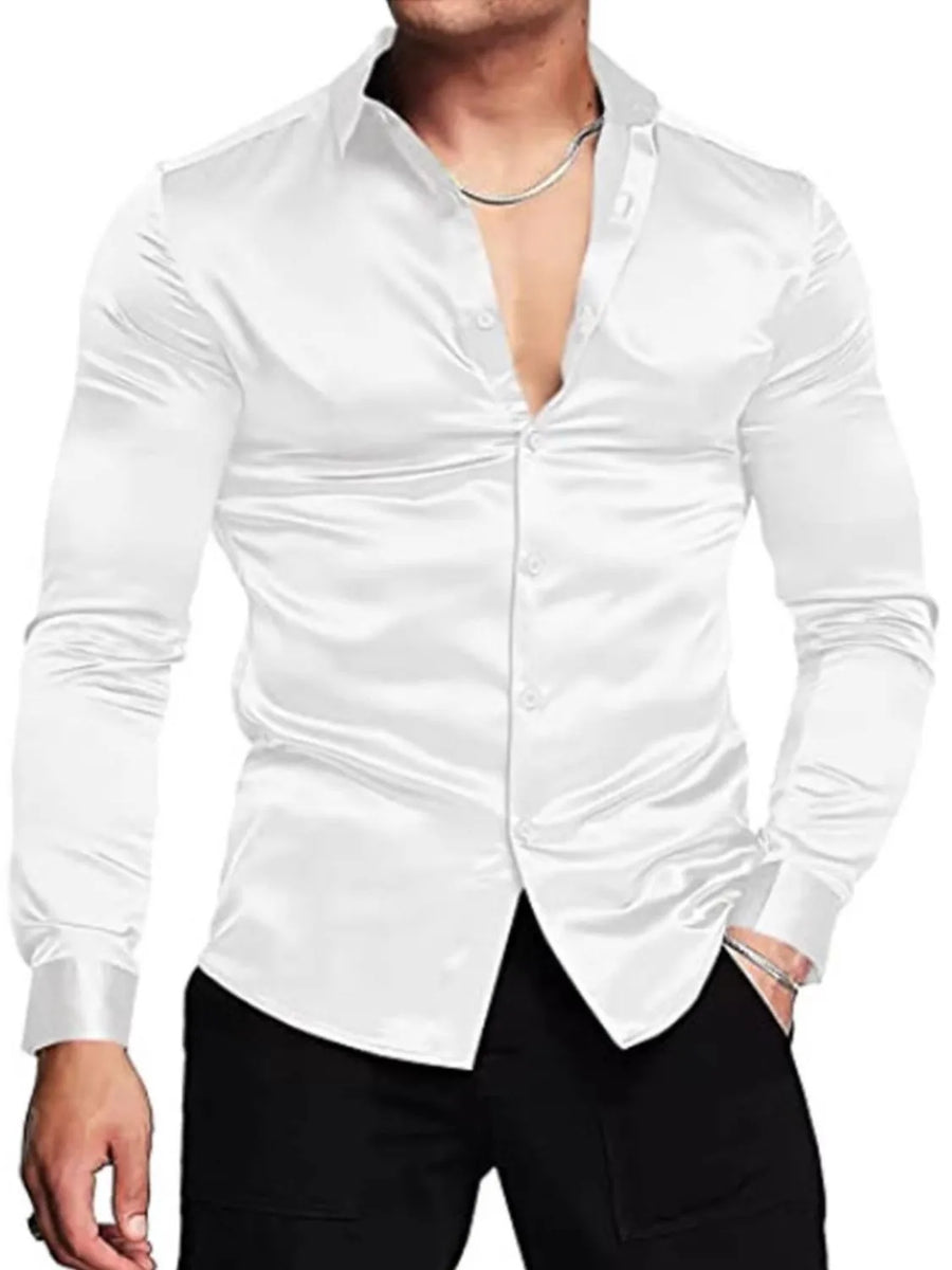 White satin finish slim fit button-down shirt with a deep V-neck and button closure.