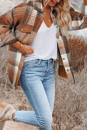 Caramel with Plaid Button Up Shacket in Caramel