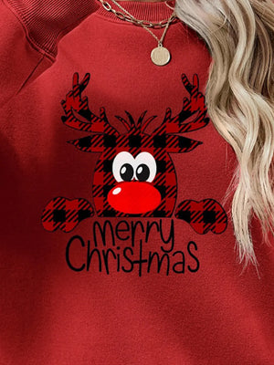 Red crewneck sweatshirt with plaid reindeer graphic and Merry Christmas text.