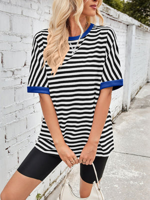 Striped Breton tee with royal blue trim and crew neck.