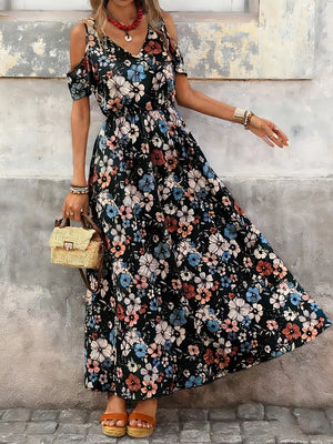 Black Cold Shoulder Floral Print Maxi Dress