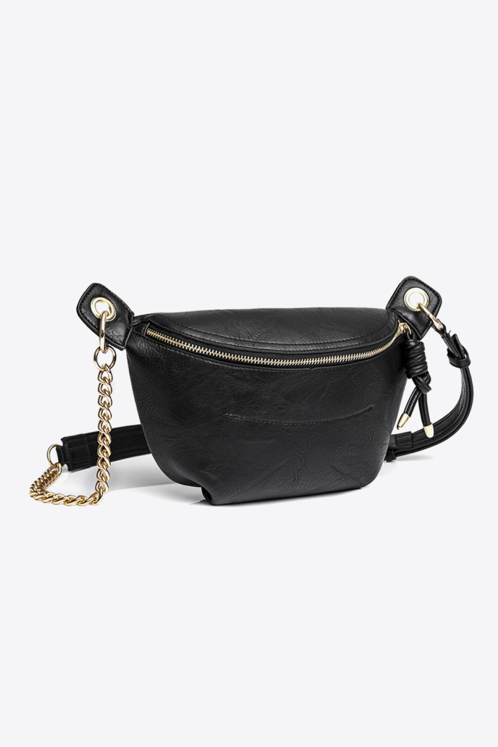 Black leather crescent crossbody bag with gold chain detail and adjustable strap.