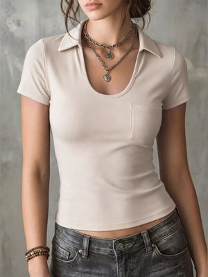 Cream scoop neck slim fit polo t-shirt with short sleeves and a chest pocket.