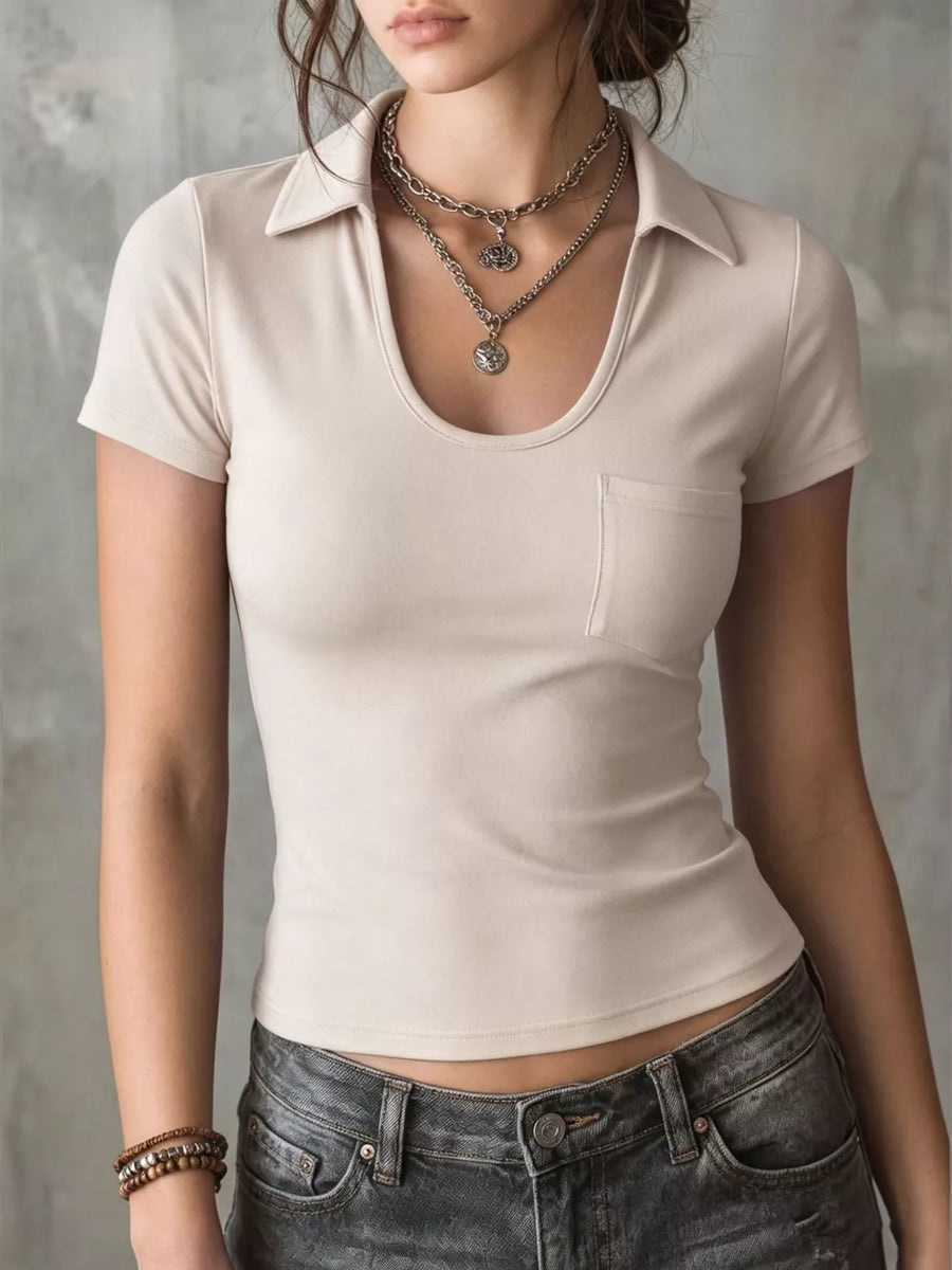 Cream scoop neck slim fit polo t-shirt with short sleeves and a chest pocket.