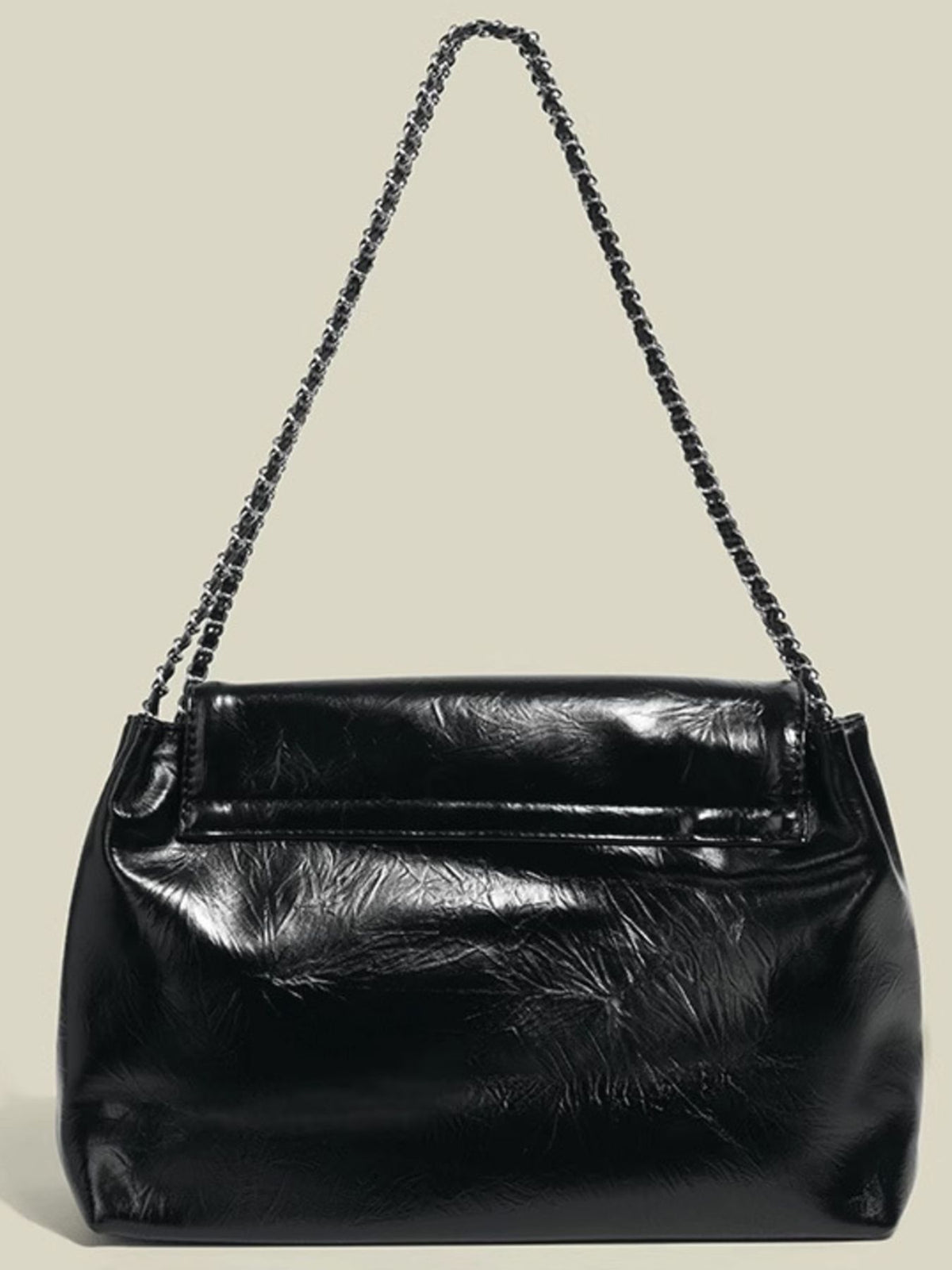 Black crinkled pu leather shoulder bag with chain strap