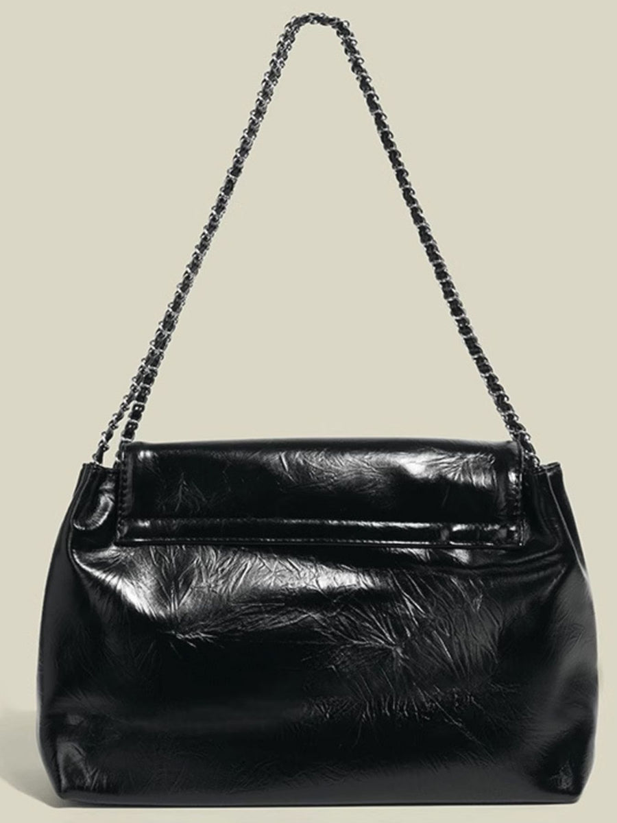 Black crinkled pu leather shoulder bag with chain strap
